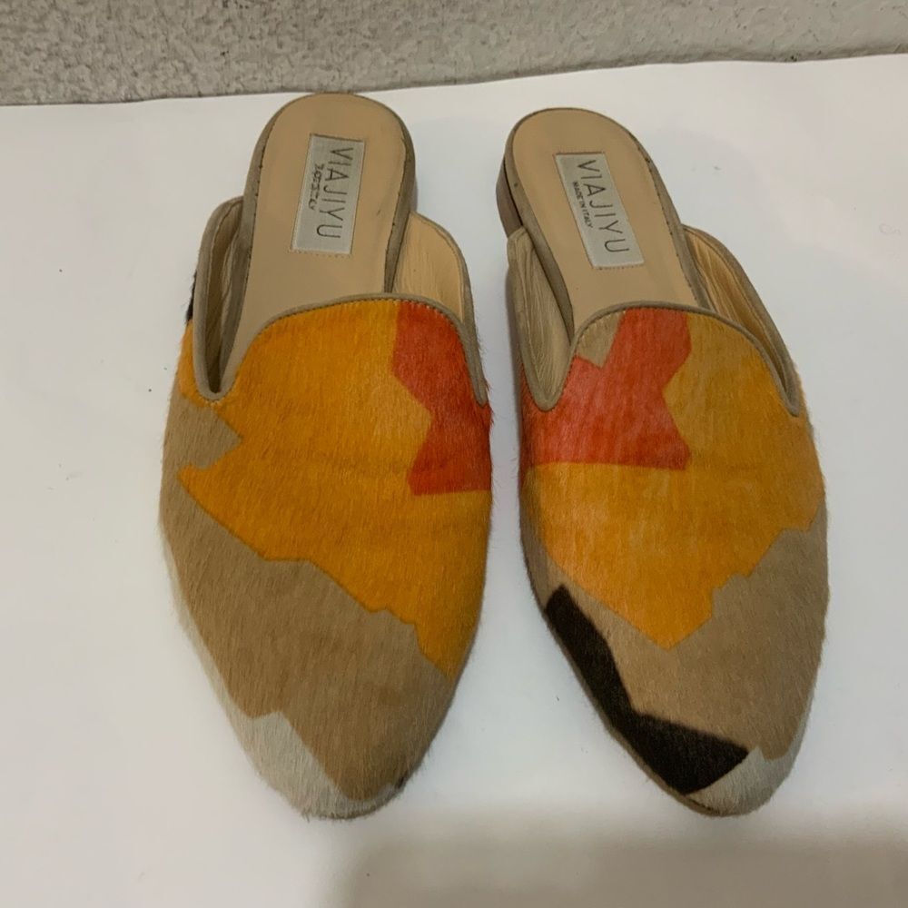 Viajiyu Italy Womens  clogs Flat calf hair multicolor Shoes Sz 37